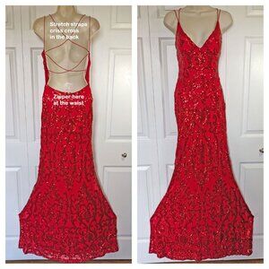 Windsor red sequin beaded full length bodycon Sz M formal, Criss cross open back